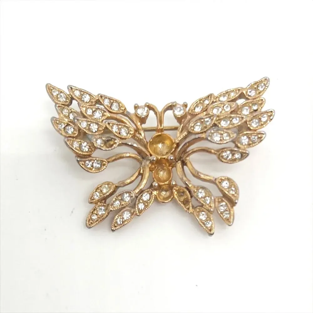 🔥 Vintage 80s Gold Tone Rhinestone Butterfly Brooch Pin